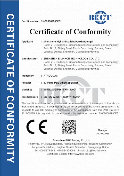 1.BKC26062985FC-shenzhenshiyilianhuajishuyouxiangongsi-12 Ports PoE Ethernet Switch-LVD Cert(证书签名)