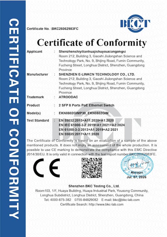 BKC26062983FC-shenzhenshiyilianhua-2 SFP 8 Ports PoE Ethernet Switch-EMC Cert(证书签名)_page-0001