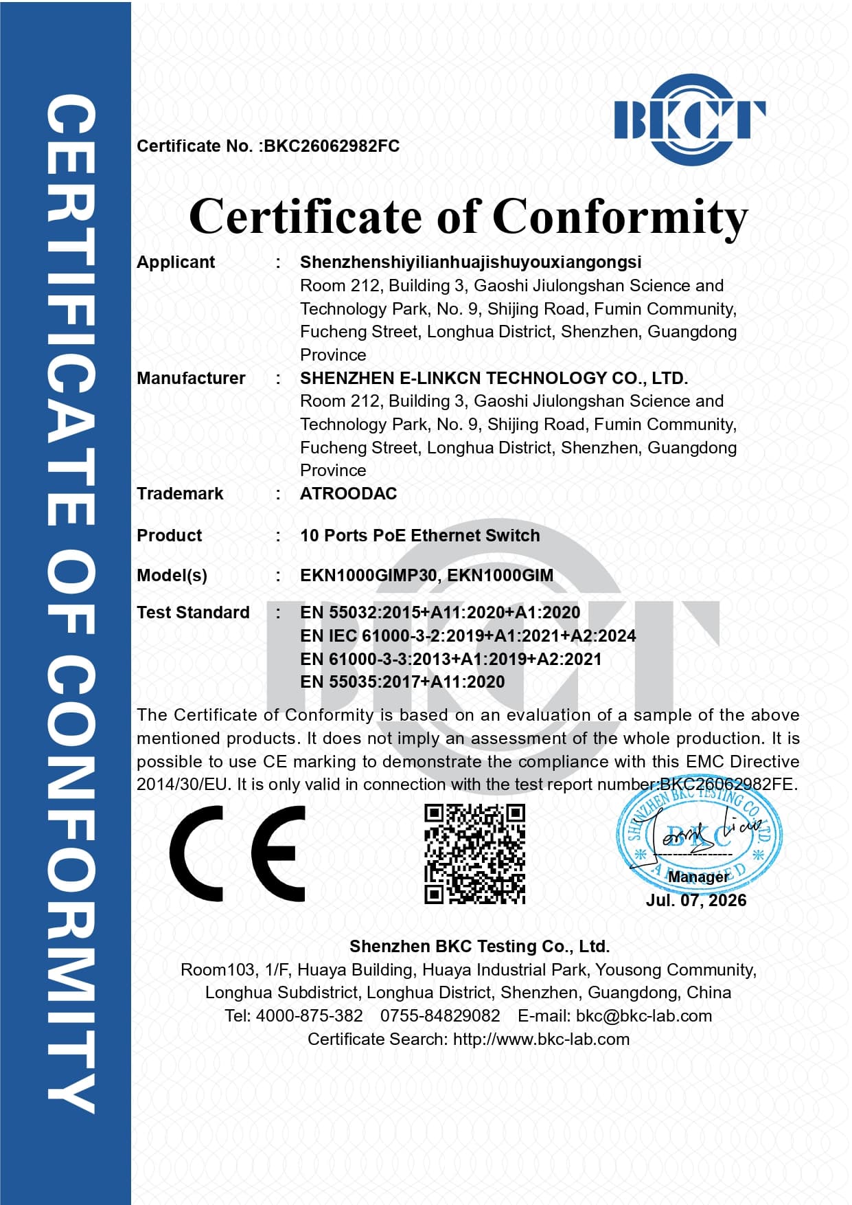 BKC26062984FC-shenzhenshiyilianhua-10 Ports PoE Ethernet Switch-EMC Cert(证书签名)_page-0001
